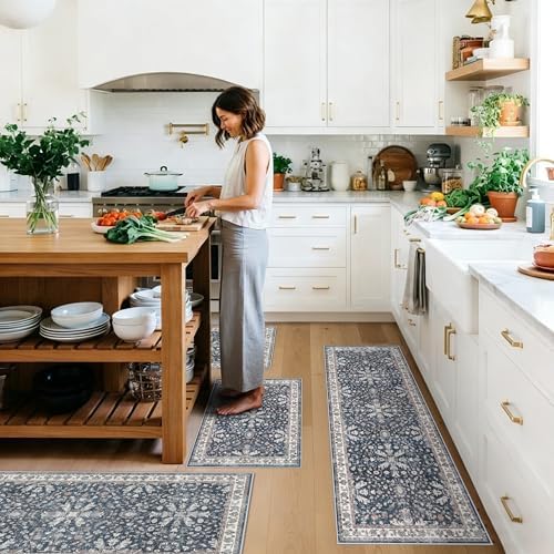 Kitchen Rug Sets 4-Piece with Runner – Washable Non-Slip Floor Mats for Sink, Entryway, Hallway, Bathroom – Soft Low-Pile Thin Boho Floral Rugs, New Home Decor (Blue, 2x3+2x4+2x5+2x6) by BYYVOORugsforYourHome