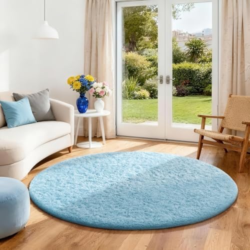 Ophanie Round Rug 4Ft Light Blue Circle Area Rugs, Fluffy Fuzzy Small Bedroom Carpet 4 Foot, Plush Shag Floor Living Room Circular Aesthetic Home Decor for Kids Teen Boys Baby with 99 pcs Pile fibers by Ophanie