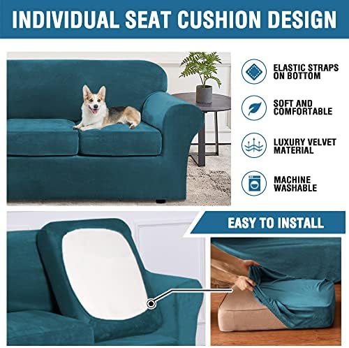 H.VERSAILTEX Velvet 4 Piece High Stretch Sofa Slipcover Cover Furniture Protector Form Fit Luxury Thick Velvet Extra Large Sofa Cover for 3 Cushion Couch Width Up to 105 Inch (XL Sofa, Deep Teal) - Image 6