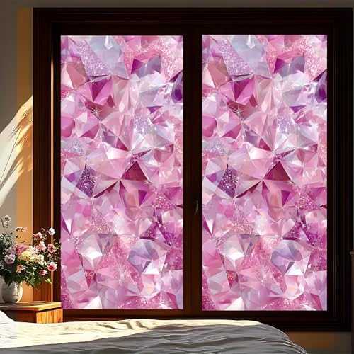 Pink Window Privacy Film, Decorative Static Cling Window Cling Crystal Pattern, Removable No Glue Window Film 39.3 x 17.5 Inch for Bathroom Bedroom Glass Door by KKYEJLQYI