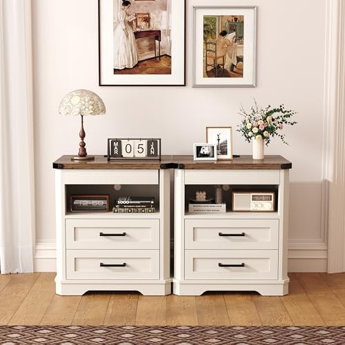 Yusong Farmhouse Night Stand with Gun Drawer & Invisible Lock, Rustic Wooden Night Stand with Charging Station, Beside Table with Drawers and Open Storage, End Tables for Bedroom, (White 004) - Image 6