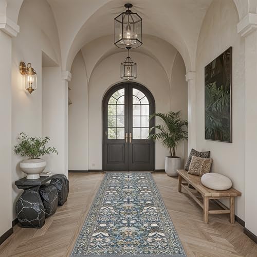 Hallway 3x10 Washable Runner Rug: Kitchen Rugs Entryway Area Rugs Vintage Soft Floor Mat Non Slip Indoor Farmhouse Carpet for Bathroom Living Room Bedroom Printed Rug for Family(3x10 Floral/Blue) - Image 3