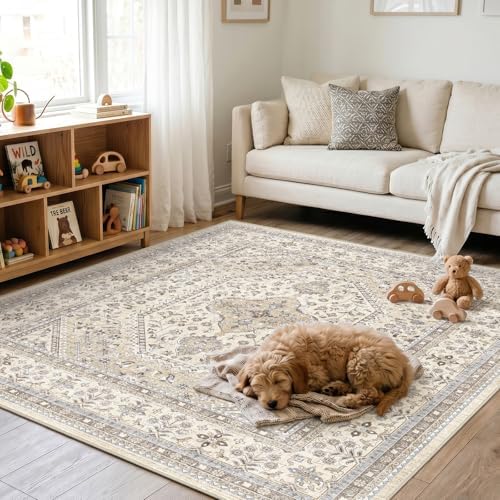 6x6 Square Washable Area Rug - Non-Slip Vintage Living Room Rugs Beige Gray - Image 4