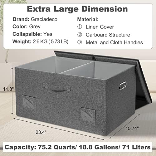 Graciadeco 75 Quarts Extra Large Decorative Storage Bins with Lids, 1 Pack Gray Collapsible Storage Bins with Lids, Stackable Storage Bins Decorative Box Storage With Lid Extra Large - Image 2