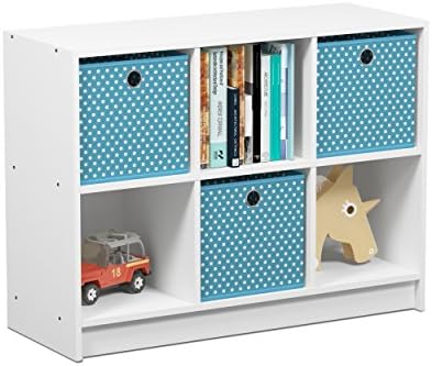 Furinno BASIC Book Shelf, 6-Cube Bookshelf with Open Shelf, 3 x 2 Bookcase with Storage Bins, Closed Back, Horizontal, 11.9 x 31.6 x 23.6, for Living Room, Bedroom, Home Office, White/Light Blue by Furinno-FitsYourSpaceFitsYourBudget