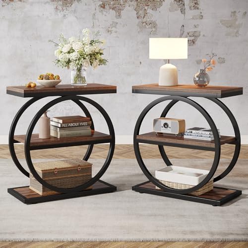Tribesigns End Table Set of 2, Narrow End Table with 3 Storage Shelves, Wooden Side Table, Industrial Small Sofa Side Table for Living Room, Slim Nightstand and Bedside Table for Bedroom by Unknown