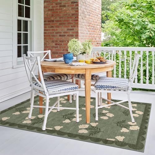 4x6 Covered Outdoor Patio Rug - Green Washable Front Porch Entry Rug Non-Slip Door Mat Indoor Outside Entrance Vintage Floral Scalloped Area Rug for Living Room Entryway Backyard Porch Decor - Image 7
