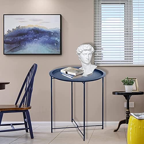 Garden 4 you End Table 2 PCS Metal Side Table Dark Blue Round Folding Tray Cyan Sofa Small Accent Fold-able Table, Round End Table Tray, Next to Sofa Table, Snack Table for Living Room and Bed Room - Image 2