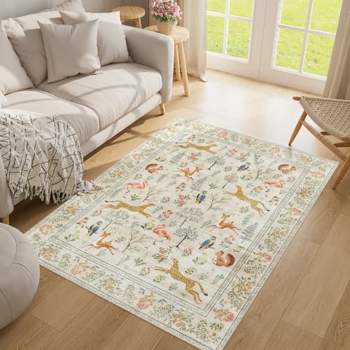 DUKINO 4x5 Area Rug, Washable Animal Rug for Entryway Non Slip, Beige - Image 5