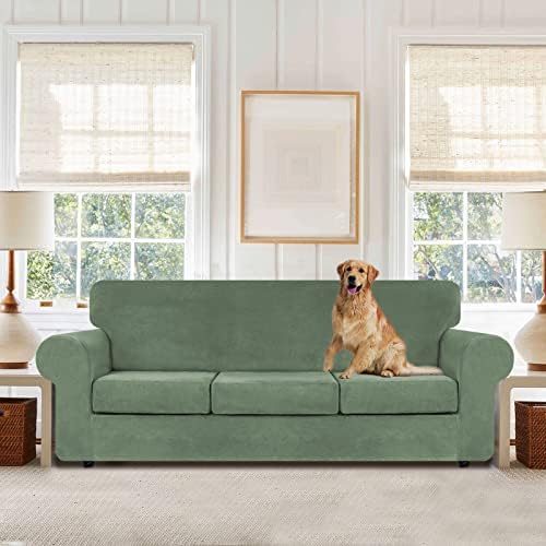 WEERRW 4 Pieces Couch Cover for Sofa Velvet Slipcovers, Greyish Green - Image 2