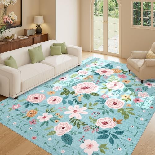 DUKINO 8x10 Area Rugs, Floral Washable Living Room Rug Non Slip, Teal - Image 5