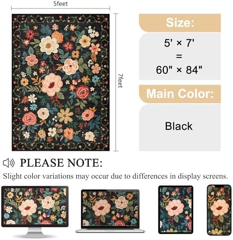 DUKINO 5x7 Area Rugs, Floral Washable Rug for Living Room Non Slip, Black - Image 2