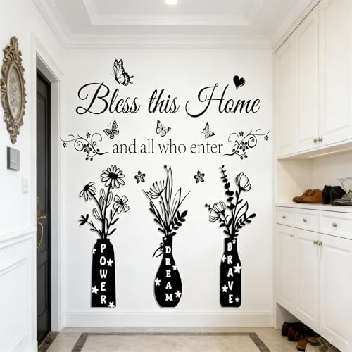 Bless This Home and All Who Enter Wall Decal - Inspirational Quote with Floral Vase & Butterfly Stickers, Power Dream Brave Vinyl Wall Art for Entryway, Living Room, Farmhouse Home Decor - Image 3