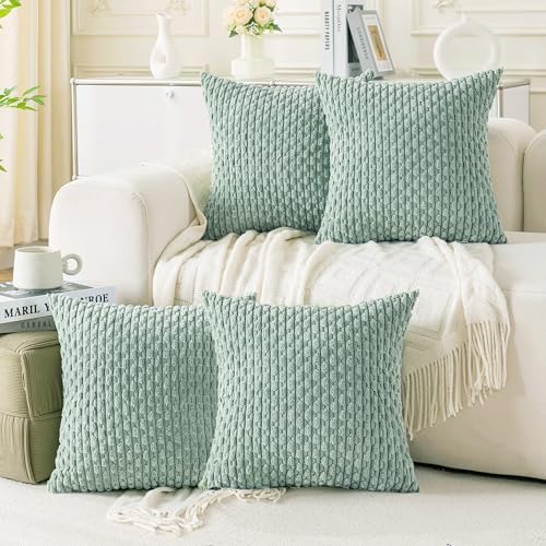 Set of 4 Aqua Decorative Throw Pillow Covers 22x22 Inch Corduroy Pillow Covers for Bed Couch Sofa Living Room Soft Square Cushion Cases by Cozoomy