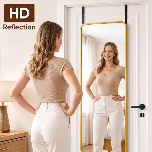 Suidia Full Length Mirror Over the Door&Wall Mounted, 58"x19" Door Mirror with Aluminum Alloy Frame, HD Shatterproof, No-Drill, Hanging Mirrors for Bedroom, Bathroom, Dorm, Closet, Rounded Rect, Gold - Image 4