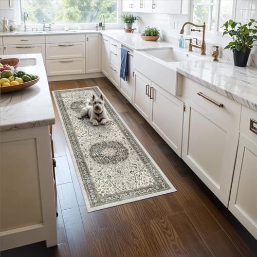 Hallway 2x5 Washable Runner Rug: Oriental Stain Resistant Kitchen Entryway Rugs Farmhouse Ultra Soft Bathroom Bedroom Print Floor Mat Thin Non Slip Indoor Carpet for Living Room Laudry(2X5, Grey) by HYHAOYUNLAI