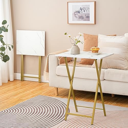 HOOBRO Folding TV Tray Tables, Set of 2 Side Table for Small Space, Industrial Snack Tables for Eating at Couch, Stable Metal Frame, Easy Assembly, Space Saving, Marble and Gold DM25BZ01 - Image 4