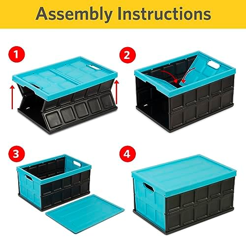 Glad Collapsible Storage Bin with Lid - 48L Foldable Plastic Box for Garage, Car Trunk, and Organization - Stackable Lidded Container with Handles, Turquoise - Image 3