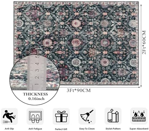 Lahome Moroccan Trellis Washable Rug, 2x3 Entryway Rugs for Kitchen Bathroom, Non-Slip Indoor Door Mat Ultra-Thin, Small Oriental Throw Carpet for Bedroom Entry Elise, Black/Multi - Image 2