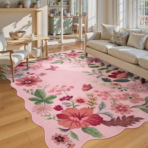 Lahome Floral Living Room Rugs, Washable Pink Area Rugs 5x7 Rug for Bedroom by Lahome