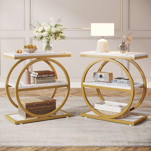 Tribesigns End Table with Storage Shelves Pack of 2, 3-Tier Wooden Industrial Sofa Side Table with Black Metal Frames for Living Room, Slim Nightstand and Bedside Table for Bedroom, White & Gold by Unknown