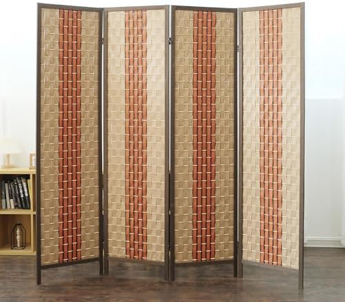 Furnnylane 4 Panel Rattan Room Divider, Beige Orange Folding Privacy Screen by Furnnylane