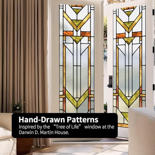 Original Hand Drawn Faux Stained Glass Window Film, Double-Sided Privacy Static Film, Boho Geometry Patterns Inspired by Martin House Peep Proof 22.83"X114.17" - Image 5