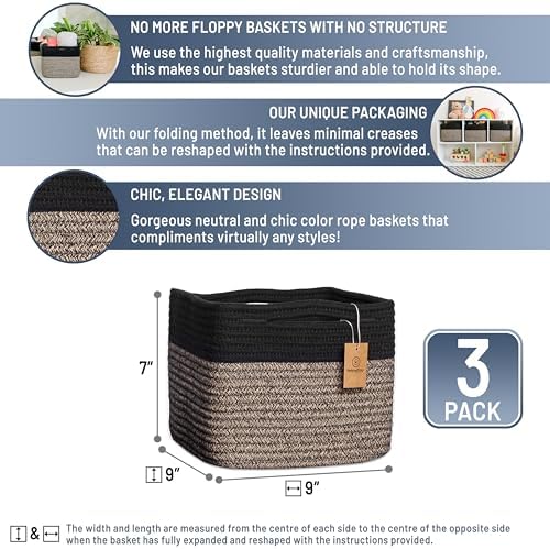 NaturalCozy Storage Cubes 9”x9”x7”Cotton Rope Woven Baskets for Organizing 3-Pack | 9 Inch Cube Storage Bin | Small Basket for Shelf Nursery, Pantry, Decorative Plant, Bathroom Closet, Toy Gift - Image 2