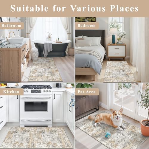 2x4 Modern Entryway Area Rug - Machine Washable Non-Skid Low Pile Indoor Mat for Bathroom,Living Room, Bedroom - Abstract Neutral Small Throw Soft Carpet with Rubber Backing (Gold Grey) - Image 3