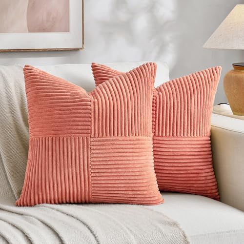 Fancy Homi 2 Packs Coral Big Decorative Throw Pillow Covers 24x24 Inch for Living Room Couch, Rustic Farmhouse Boho Home Decor, Soft Corss Corduroy Patchwork Accent Peach Square Cushion Case 60x60 cm by Fancy+Homi