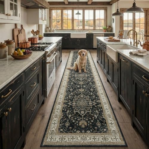 RELEANY Washable Area Rug, Runner 2'x10', Black/Vintage/Beige by RELEANY