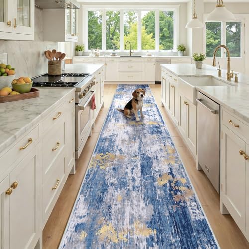 RELEANY Washable Runner 2'6"x14' Abstract Area Rug for Hallway Blue Gold by RELEANY