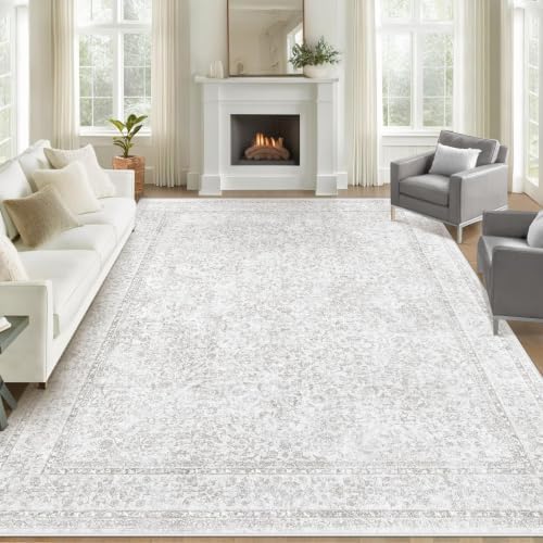 9x12 Area Rugs for Living Room: Washable Large Vintage Floral Rug Low Pile Non-Slip Boho Carpet for Bedroom Home Office Dining Room (Floral Grey, 9'x12') by LOSBULAKE