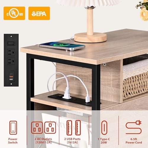 Livofloral Side Tables with Charging Station, Narrow End Table with 2 Wooden Drawers, USB Ports and Power Outlets, Narrow Nightstand and Bedside Table, Side Tables Living Room, Bedroom, Greige - Image 4