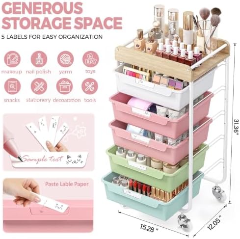 SYKIARIOL Utility Cart with Drawers,Craft Cart with 5 Drawers,Colorful - Image 3