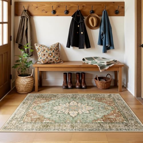 RELEANY Washable Area Rug, 3'x5', Brick/Brown/Green - Image 3