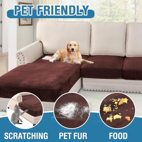 H.VERSAILTEX Velvet Stretch Sectional Couch Covers - 4 Piece L Shape Sofa Seat Cushion Set for 3 Seater + 1 Chaise (Brown) - Image 3