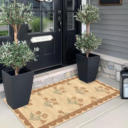 Front Door Mat Indoor Entrance - 2x4.3 Ft Tan Floral Washable Layered Doormat Outdoor Entrance Porch Rug Non-Slip Neutral Country Jute-Look Runner Rug for Kitchen Mud Laundry Room Porch Decor - Image 4