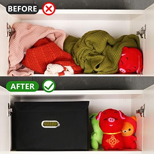 Fabric Foldable Collapsible Storage Cube Bin Organizer Basket with Lid, Handles, Removable Divider for Home, Closet (Black, 3Pcs) - Image 6