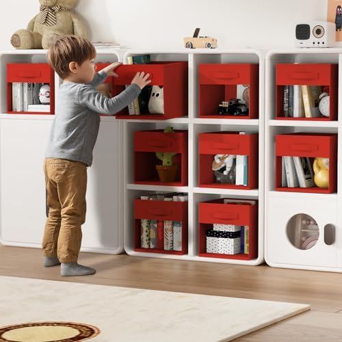 DIMJ Cube Bins, 12.2-Inch Storage Bins Cubes with Window, 6 Packs Collapsible Storage Bins with Handles, Closet Storage Baskets for Organizing Living Room, Office,8 Pack,Red - Image 4