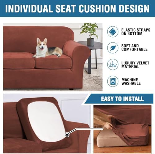 H.VERSAILTEX High Stretch Sofa Slipcover 4 Piece Cover Velvet Furniture Protector Form Fit Thick Velvet Extra Large Sofa Cover for 3 Cushion Couch Width Up to 97 Inch (Large Sofa, Rust) - Image 6