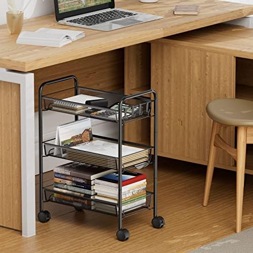 3-Tier Mesh Rolling Cart - 24.8" H Fits Under Desk Metal Cart with Wheel - Image 2