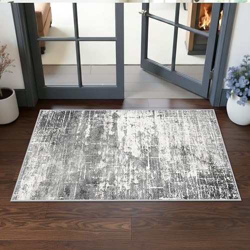 Abstract 2x4 Entryway Area Rugs: Washable Water Resistant Kitchen Rug Non-Slip Durable Doormat Ultra Soft Bedroom Beside Carpet Indoor Low Pile Floor Mat for Bathroom Stove Sink Area(2x4,Black/Grey) by HYHAOYUNLAI