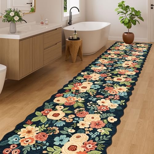 DUKINO 2.6x12 Washable Runner Rug, Floral Non Slip Kitchen Rug, Navy Blue - Image 5