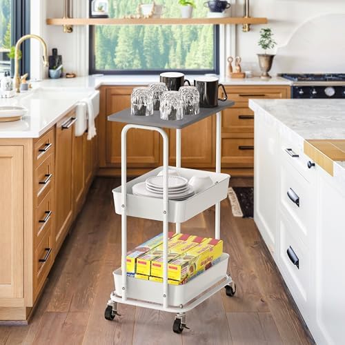 Simple Houseware 2-Tier Rolling Utility Cart Wood Top/Lockable Wheel, Gray - Image 7