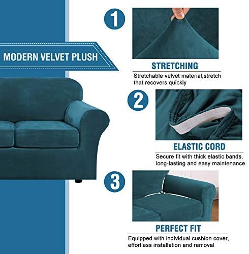 H.VERSAILTEX Velvet 4 Piece High Stretch Sofa Slipcover Cover Furniture Protector Form Fit Luxury Thick Velvet Extra Large Sofa Cover for 3 Cushion Couch Width Up to 105 Inch (XL Sofa, Deep Teal) - Image 3