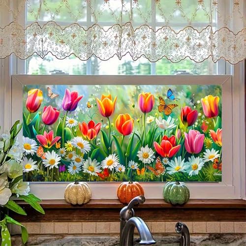BlissYard Rainbow Flower Tulips Daisies Window Cling 39.3x17.7 Inch PVC - Image 2