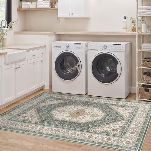3x5 Washable Entryway Area Rug - Non-Slip Vintage Throw Rugs Green Beige - Image 2