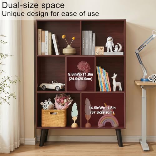 YAHARBO Walnut Bookshelf,3 Tier Book Shelf with Legs, 7 Cube Minimalist Bookcase,Storage Organizer Shelves Display Bookcases for Bedroom,Living Room - Image 4