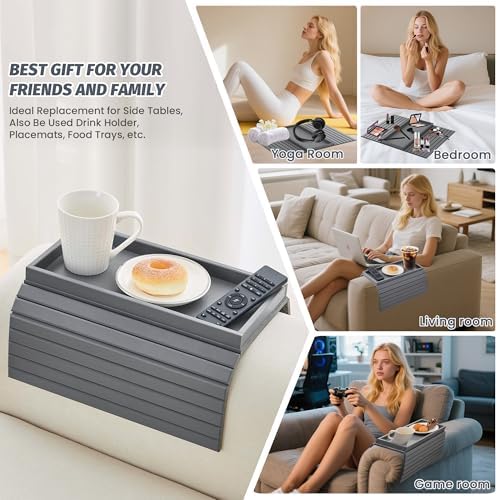 GEHE Bamboo Sofa Arm Tray, Foldable Couch Arm Tray Side Table, Anti-Falling Armrest Tables Cup Holder for Snacks, Drinks, Beers, Phone, Control, Flexible and Portable, Anti-Slip - Image 2